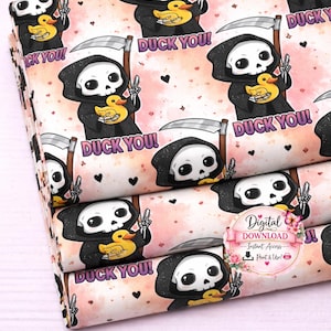 May include: Fabric with a repeating pattern featuring a cartoon Grim Reaper holding a scythe and a rubber ducky. The phrase "DUCK YOU!" is printed on the fabric. The background is pink with small black hearts.