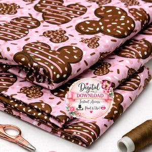 Chocolate Mouse Cake Sprinkles Seamless Pattern, Pink Dessert Background, Cute Bakery Digital Paper, Sweet Treat Fabric Design