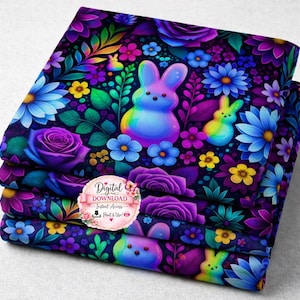 ネオンカラーのマシュマロバニーのシームレスパターン | 光るバニーの花柄リピート | カラフルなイースターデジタルペーパー | キュートなネオンカラーの春のファブリックデザイン