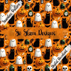 Puede incluir: Patrón de Halloween sin costuras con calabazas, gatos negros, fantasmas, botellas de pociones y calaveras sobre un fondo naranja. También se ve el texto "Go Glam Designs" y "Digital Download". Ideal para proyectos de Halloween.