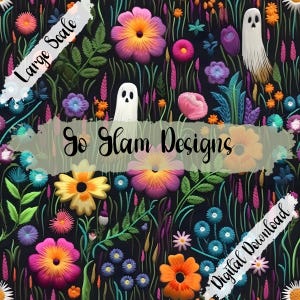 Faux Embroidery Floral Ghosts Seamless Pattern, Repeat Pattern, Digital Download, Digital Paper, Embroidery Seamless, Halloween Seamless