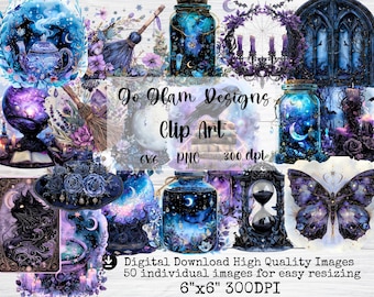 May include: A digital download image featuring various mystical clip art elements. The artwork includes a teapot, broom, jars with celestial designs, a butterfly, and a black cat. The text reads "Do Ilam Designs Clip Art" and "6"x6" 300DPI".