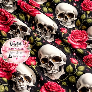 Dödskallar och rosor sömlösa mönster | Gotisk blommig dödskalleupprepning | Mörk romantisk tatueringsstil | Digitalt papper | Tyg-/scrapbookdesign
