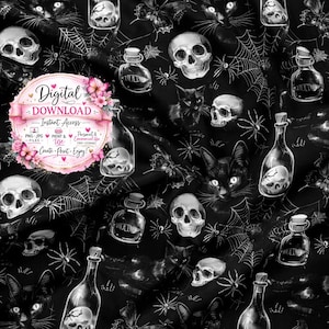 ゴス魔女シームレスパターン | 黒猫スカルスパイダーウェブゴシックデジタルペーパー | ダークハロウィンファブリック＆昇華デザイン