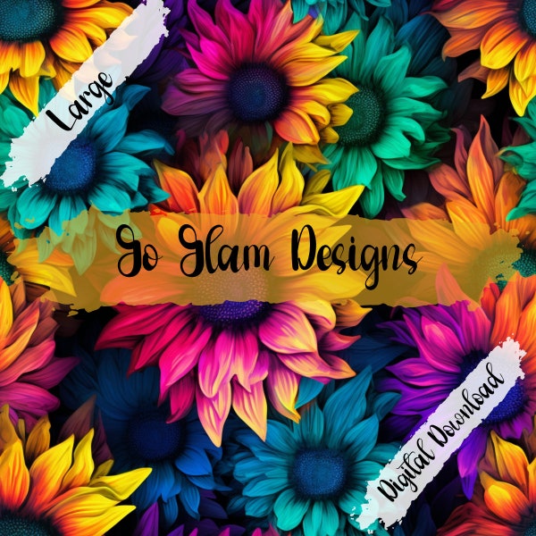 Neon Rainbow Sunflowers Seamless Pattern, Repeat Pattern, Digital Download, Floral Seamless, Digital Paper, Seamless File, Fabric Pattern