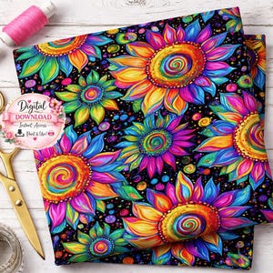 Whimsy Sunburst Seamless Pattern PNG | Psychedelic Sunflower Digital Paper | Rainbow Floral Pattern on Black | Colorful Sublimation Design