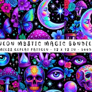 May include: A vibrant digital art print featuring a seamless repeat pattern with neon mystic magic elements. The design includes moons, butterflies, skulls, mushrooms, and flowers in shades of purple, blue, and pink. The text reads "3 Neon Mystic Magic Bundle Seamless Repeat Pattern - 12 x 12 in - 300dpi."
