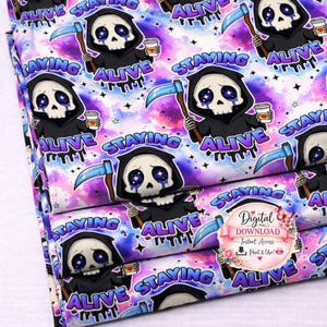 May include: Fabric with a repeating pattern of a cartoon Grim Reaper holding a scythe and a coffee cup, with the words "Staying Alive". The background is a colorful mix of purple, blue, and pink.