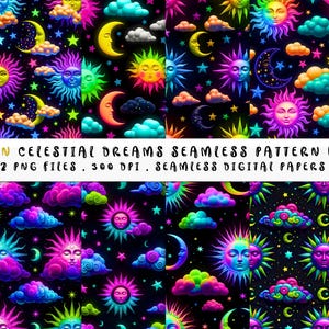 May include: A digital art bundle with seamless patterns of neon celestial designs. The patterns feature suns, moons, stars, and clouds in bright colours against a black backdrop. The text reads "NEON CELESTIAL DREAMS SEAMLESS PATTERN BUNDLE".