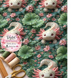 Axolotl Seamless Pattern | Forest Pond Fantasy Axolotl | Whimsical Cottagecore Floral Repeat | Digital Paper & Fabric Design