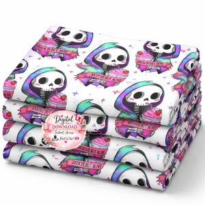 Anxious But Alive Grim Reaper Seamless Pattern | Cute Goth Skeleton Milkshake Design | Kawaii Spooky Digital Paper | Goth Coffee Seamless