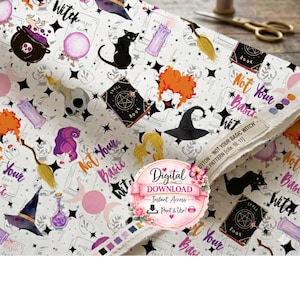 Patrón sin costuras de bruja no básico, papel digital de Halloween pastel, diseño de tela con vibraciones de bruja, brujas hermanas sin costuras