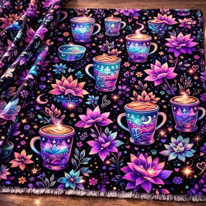 Whimsical Floral Coffee & Florals Seamless Pattern | Cozy Fantasy Mug Repeat | Colorful Botanical Cafe Design | Digital Paper for Fabric,