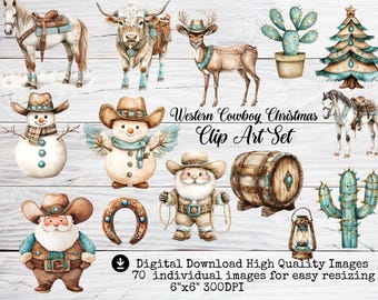 Westerncowboy Christmas-clipartset: png-afbeeldingen (digitale download)