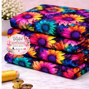 Neon Rainbow Sunflowers Seamless Pattern, Psychedelic Floral Fabric, Colorful Dark Floral Digital Paper, Vibrant Flower Design