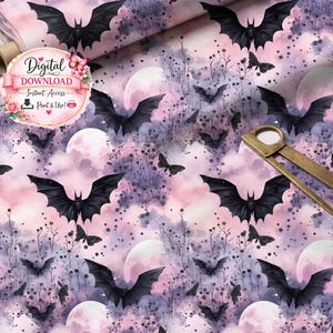 Estampa sem costura de morcegos rosa | Repetição de morcegos em tons pastel góticos | Design fofo e assustador com lua e morcego | Papel digital para tecido gótico