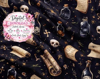 Spells Seamless Pattern | Witchcraft Potion Bottles & Scrolls Digital Paper | Dark Academia Magic Fabric | Gothic Spellbook Design