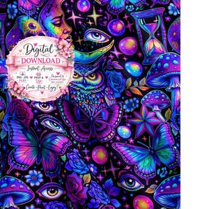 Lunar Ommen Muster | Mystische Mond-Schädel-Eulen-Schmetterlinge | Neon Gothic Celestial Digitales Papier | Witchy Stoffdesign
