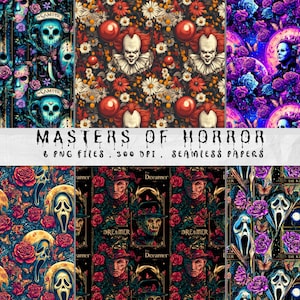 Op de afbeelding: Zes digitale naadloze papieren met horrorthema's. Ontwerpen omvatten schedels, clowns en gemaskerde figuren, tegen bloemen- en patroonachtergronden. De tekst luidt "MASTERS OF HORROR". Elk papier is 300 DPI.