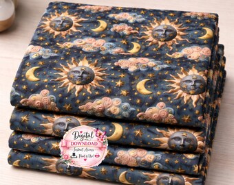 Hemels zon maan naadloos patroon | Digitaal Boho-astrologiepapier | Patroon zon maan sterren png | Middernachthemel stofprint |