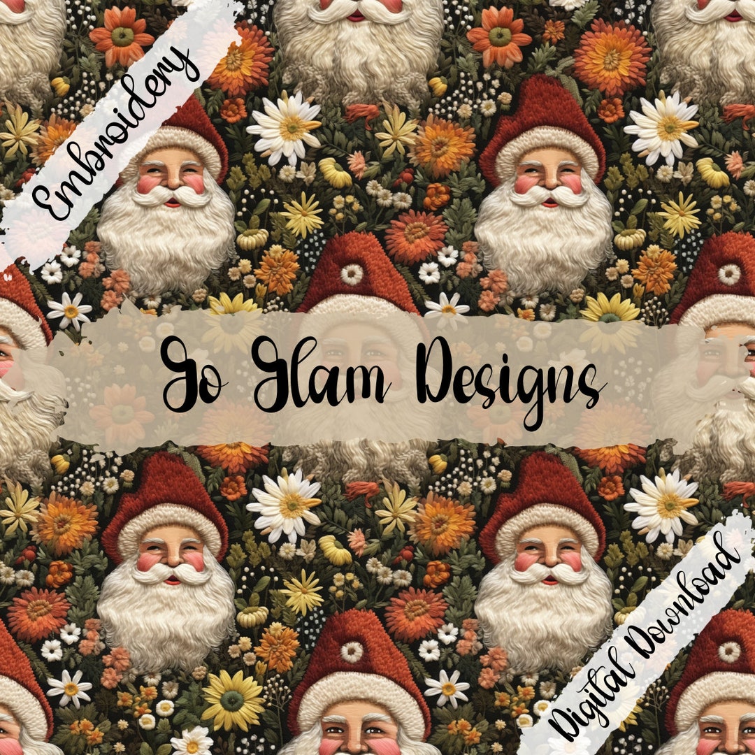 Faux Embroidery Seamless Pattern, Neutral Vintage Santa, Repeat Pattern ...