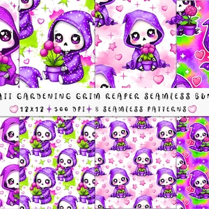 May include: A digital art bundle featuring eight seamless patterns. Each pattern showcases a cute, cartoon-style Grim Reaper in a purple hooded robe, holding a potted plant. The patterns include hearts, stars, and the text "KAWAII GARDENING GRIM REAPER SEAMLESS BUNDLE".