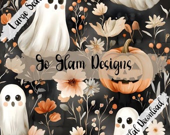 Halloween Floral Ghosts 3 modello senza soluzione di continuità, modello ripetuto, download digitale, file senza soluzione di continuità, modello di tessuto, Halloween senza soluzione di continuità