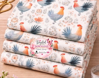 Boho Chicken Seamless Pattern, Farmhouse Rooster Digital Paper, Country Farm Floral Pattern, Rustic Farm Animal Print, Chicken Fabric Design