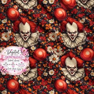 Naadloos patroon Killer Clown, herhalingspatroon, digitale download, naadloos bestand, stoffenpatroon, naadloos Halloween