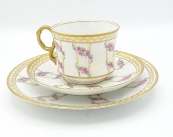 Antique D&C France Delinières and Cie Limoges Porcelain Tea Cup Trio