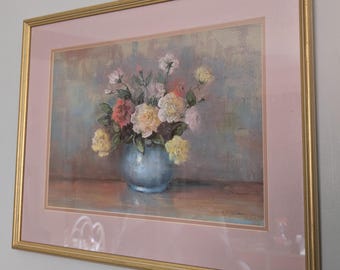 David K Wilson Vintage Framed Pastel Painting Vase of Flowers