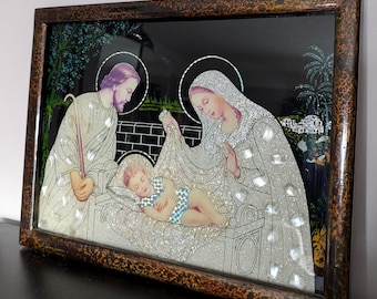 Vintage Foil Mirrored Framed Picture The Holy Family Religious Biblical