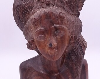 Vintage Balinese Hand Carved Wooden Bust Lady