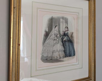 Framed Antique French Hand Coloured Fashion Plate Engraving