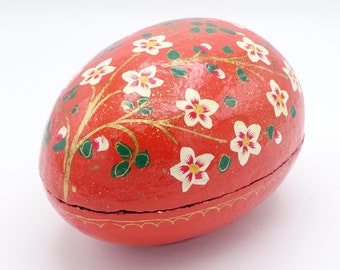 Vintage Indian Kashmiri Large Paper Mache Dark Orange Egg Shaped Trinket Box