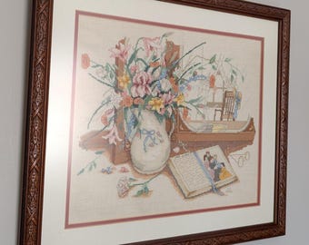 Large Vintage Framed Cross Stitch Picture Flowers Open Book 1993