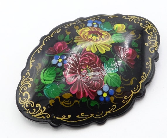 Vintage Russian Signed Handpainted Wooden Brooch - image 1