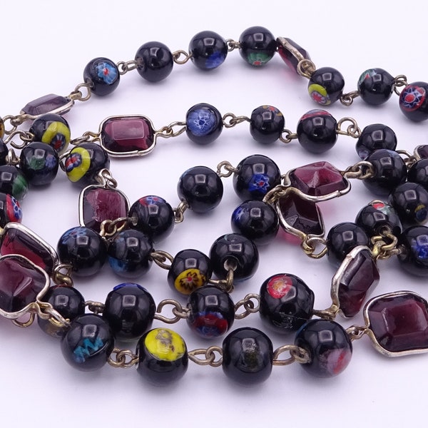 vintage Millefiori Long Collier Perles de Verre Noir Multicolore Longueur 96 cm