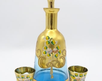 Vintage Italian Murano Light Blue Gold Gilded Handpainted Decanter Two Glasses
