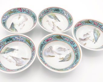 Vintage Set Five Chinese Famille Rose Porcelain Small Dipping Bowls