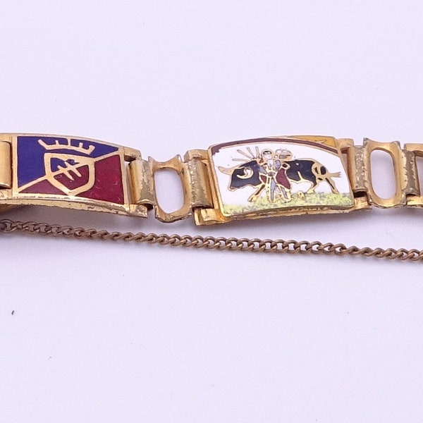 Vintage Spanish Gold Tone Metal Coloured Enamel Tourist Bracelet Length 18 cm