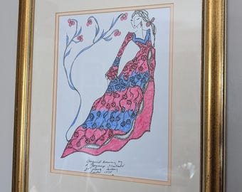 Roz Jennings Laura Ashley Framed Signed Original Fashion Drawing 1970s