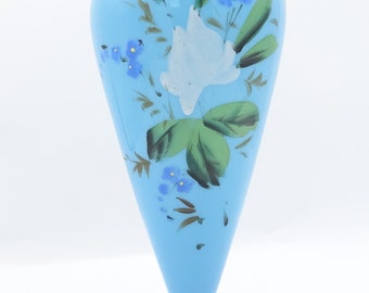 Antique Victorian Blue Opaline Glass Handpainted Vase