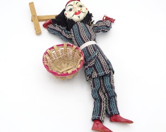 Vintage Nepalese Folk Art Marionette Puppet With Basket