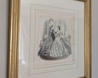 Framed Antique French Hand Coloured Fashion Plate Engraving