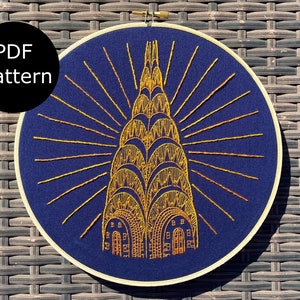 Patrón de bordado del edificio Art Deco Chrysler, patrón digital PDF para descarga instantánea
