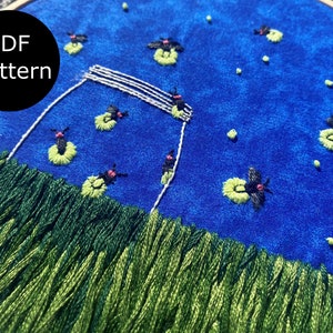 Lightning Bugs/Fireflies Jar in Grass | Glow in the Dark design | digital PDF pattern for hand embroidery