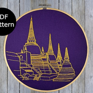 Thailand Ayutthaya Ruins, digital PDF pattern for hand embroidery