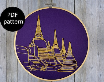 Thailand Ayutthaya Ruins, digital PDF pattern for hand embroidery