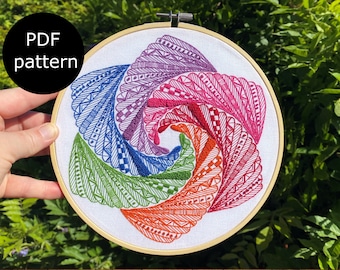 Spiral doodle with rainbow colors, digital PDF pattern for hand embroidery, beginner or advanced pattern